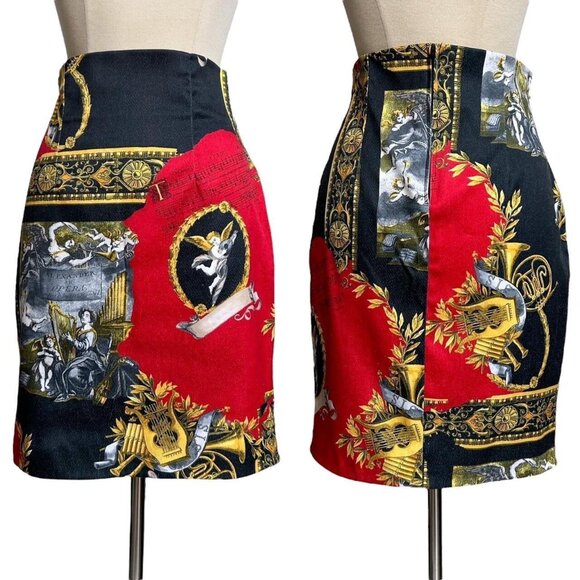 90s Y2K Vintage Cherub Novelty Print Skirt Baroque Opera Classical Bodycon. - Picture 3 of 5